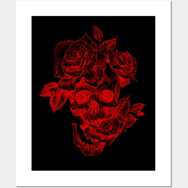 Skull and roses line art in red Wall Art by Saraknid